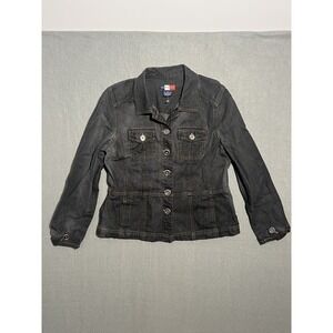 FRENCH CUFF Women's Petite Large PL Dark Gray Denim Jacket Button Front Pockets